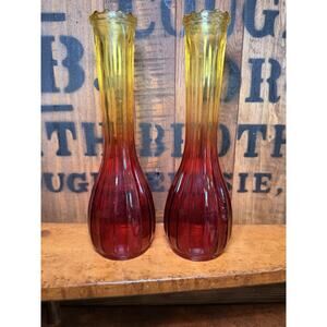 Vintage Jeannette Glass Co. Amberina Red Yellow Bud Vase Set Of 2